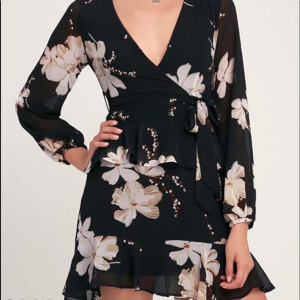 Lulus Jasmine Black Floral Long Sleeve Dress XS